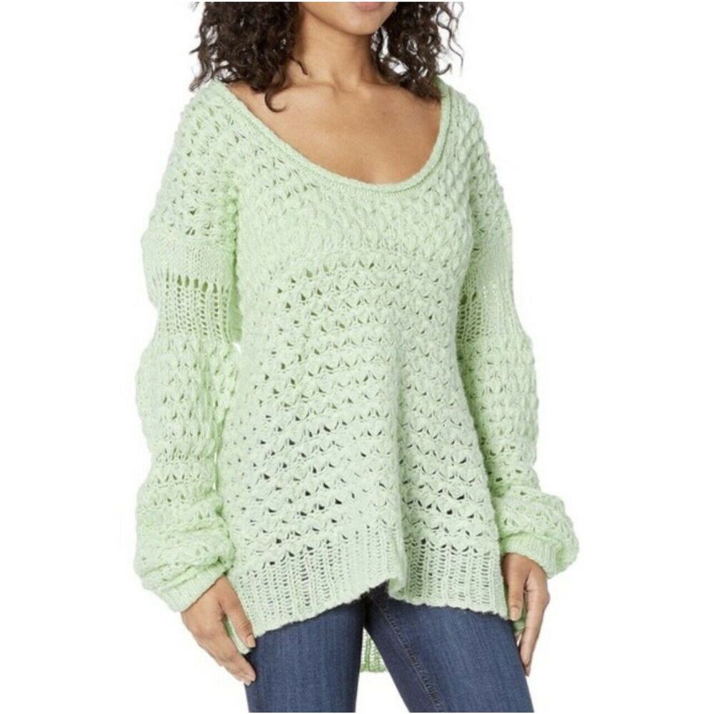 Free People Crashing Waves Open-Knit Chunky Oversized Sweater Mint Green Large